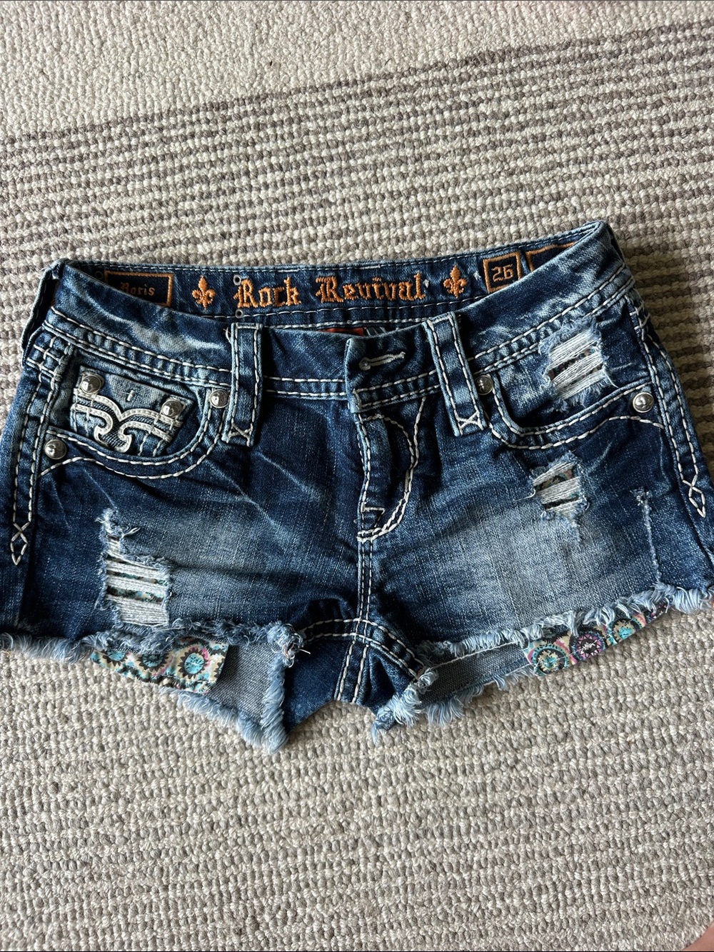 Rock Revival Dark Blue Distressed Embroidered Denim Shorts